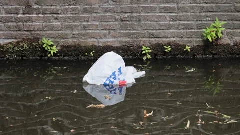 Plastic single use shopping bag floating in a Delft canal 스톡 동영상 338251633