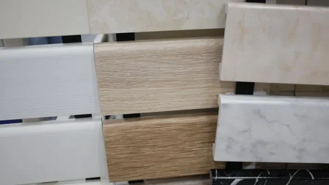 Plastic Skirting Set In Store. Construction store and selection of materials for Stock Footage 277866706