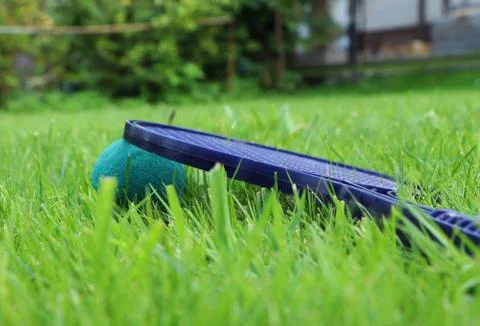 Plastic softtenis racket hidden in grass after magical game between two boys. Stock Photos