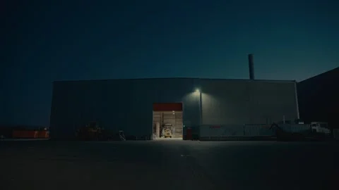 Plastic Sorting Facility Building Exterior at Night Under Artificial Light Stock Footage 331166626