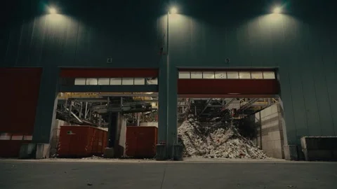 Plastic Sorting Facility Building Exterior Seen at Night with Recycling Stock Footage 331166663