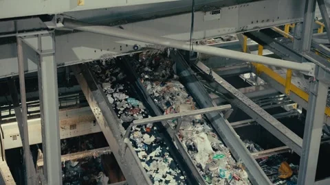 Plastic Sorting Facility Conveyor Belt Moving Waste for Recycling Process 库存影片 331166514