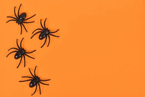Plastic spiders on side of bright orange Halloween background with empty copy 스톡 일러스트