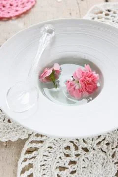 A plastic spoon and carnations floating in a dish Stock Photos