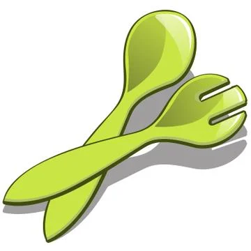Plastic spoon and fork green color isolated on white background. Vector cartoon Stock Illustration