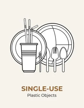 Plastic spoon, fork, knife, stirrer, straws, plates, cup. Single-use white pl Stock Illustration