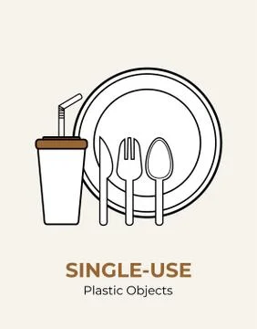 Plastic spoon, fork, knife, stirrer, straw, plate, cup. Single-use white plas Stock Illustration