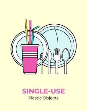 Plastic spoon, fork, knife, stirrer, straws, plates, cup. Single-use white pl Stock Illustration