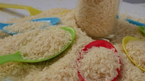 Plastic spoons filled with raw rice Video stock 147694089