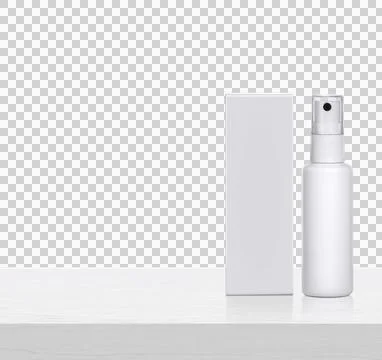 Plastic spray bottles blank and packaging on white wooden table. for packag.. Stock Illustration