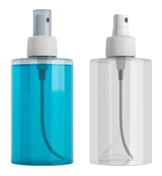 Plastic spray transparent bottle with blue liquid and empty spray bottle, 3D  Stock Illustration