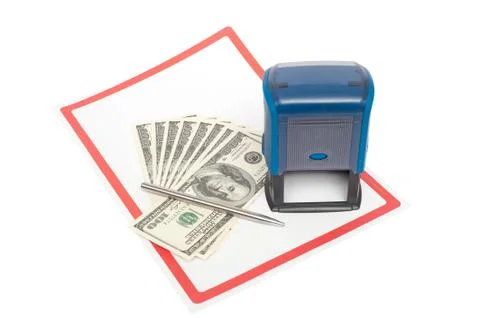 Plastic stamp, us dollars and metal pen over white paper and 写真素材