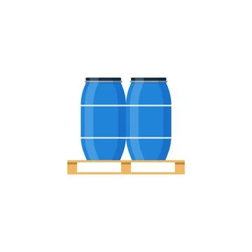Plastic storage barrel containers on pallet, flat vector illustration isolated. Stock Illustration