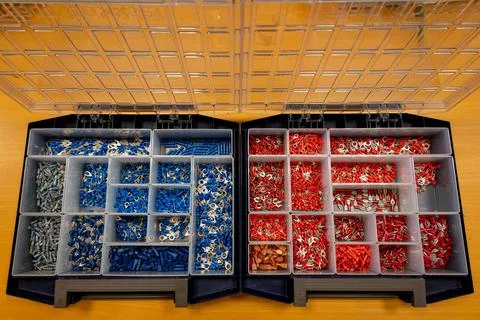 Plastic storage box for different types of ferrules, Stock Photos