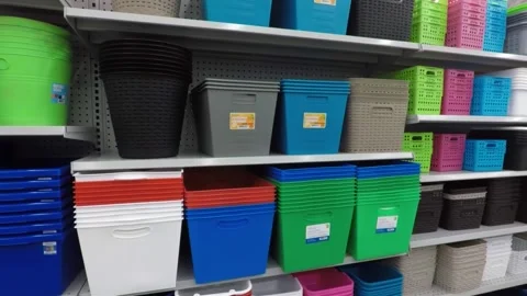 Plastic storage containers on store shelves Stock Footage 163616155