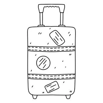 Plastic suitcase with wheels in hand drawn doodle style. Traveler luggage. .. Stock-Illustration