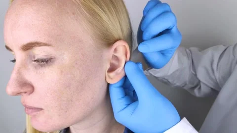 A plastic surgeon examines a patient's auricle. The doctor sees a tubercle on th Video stock 139736997