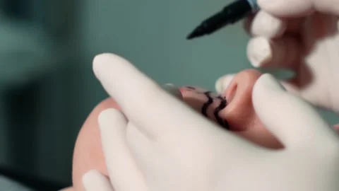 A plastic surgeon makes marks on a woman's face, preparing for plastic surgery. Stock Footage 220524028