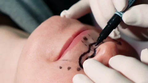 A plastic surgeon makes marks on a woman's face, preparing for plastic surgery. Stock Footage 220524053
