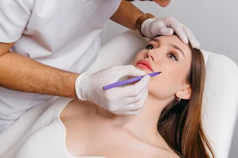Plastic surgeon making marks by pencil on patient body Stock Photos