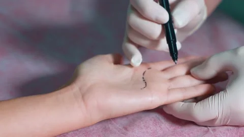 A plastic surgeon marks a woman's hand in preparation for plastic surgery. Stock Footage 230154809
