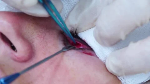 Plastic surgery. Close up of a surgeon removing piece of fat from eyelid Stock Footage 145602154