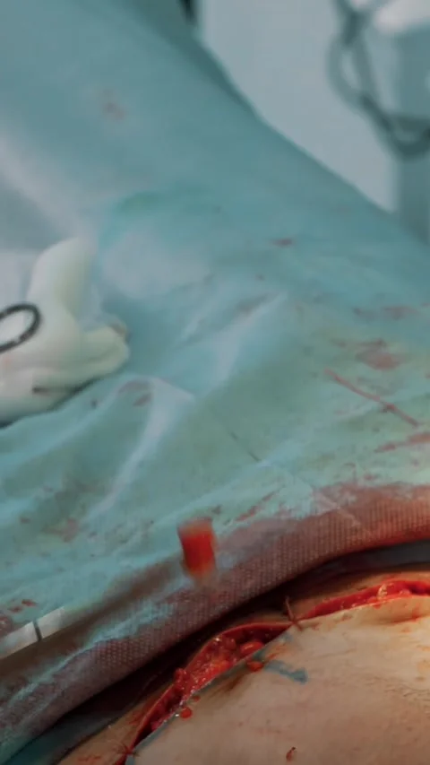 Plastic surgery. close-up. the surgeon sutures a large incision in patient's Stock Footage 318806382