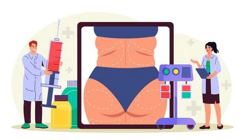 Plastic surgery doctors. Doctors pump out fat from woman. Surgical operation and Stock Illustration