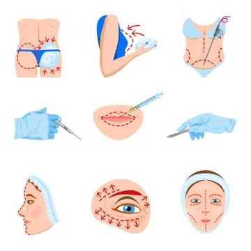 Plastic surgery flat icons set Stock Illustration
