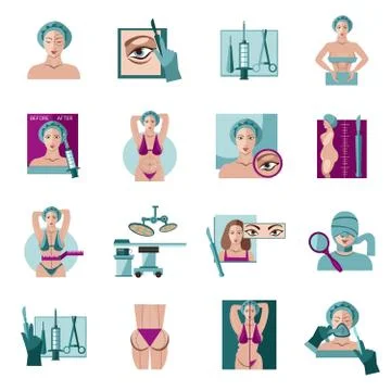 Plastic surgery flat icons set Stock Illustration
