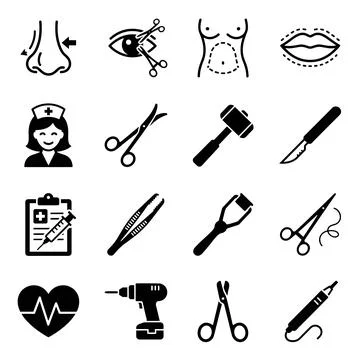 Plastic surgery icons set with nose rhinoplasty, eye blepharoplasty, breast.. Stock Illustration