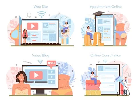 Plastic surgery online service or platform set. Idea of modern body correction Stock Illustration