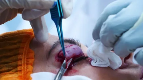 Plastic surgery. A surgeon removing piece of skin from eyelid. Transconjunctival Stock Footage 145603172