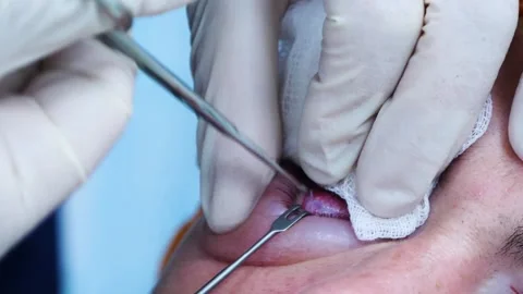 Plastic surgery. Surgeon's hands. A surgeon removing piece of skin from eyelid Video stock 145602123