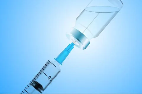 Plastic syringe with needle and bottle. Vaccination concept 库存插图