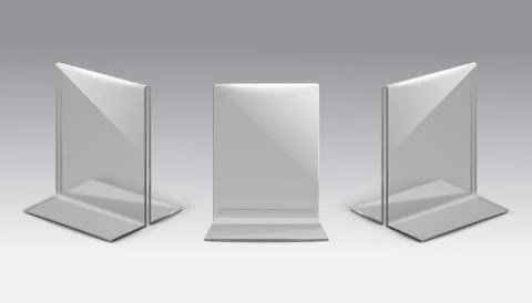 Plastic table stand or tent realistic vector illustrations mockup set isolated. Ilustración de archivo