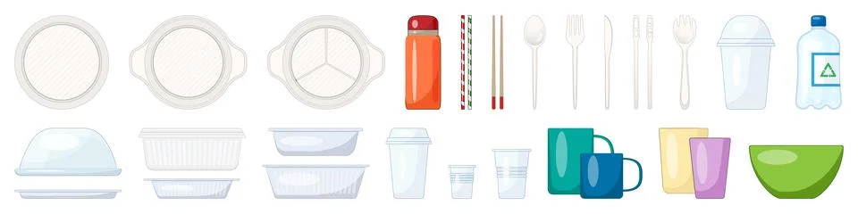 Plastic tableware cartoon vector icons. A collection of disposable dinnerware Stock Illustration