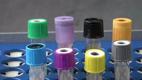Plastic test tubes with caps for the collection of samples. Test tube rack. M Stock Footage 166199232