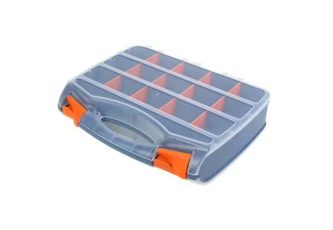 Plastic tool storage box with clear lid isolated on white background 스톡 사진