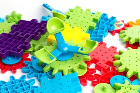 Plastic toy blocks on white background Stock Photos
