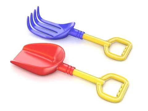Plastic toy spade and rake. 3D Stock Illustration
