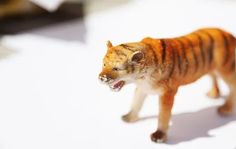 Plastic toy tiger on white table Stock Photos