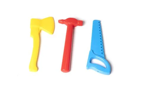 Plastic toy tools isolated on a white background. Foto stock