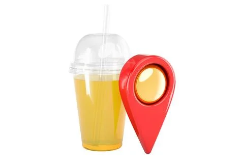 Plastic transparent disposable cup with drink with map pointer, 3D rendering Illustrazione stock