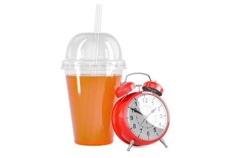 Plastic transparent disposable cup with drink with alarm clock, 3D rendering Stock Illustration