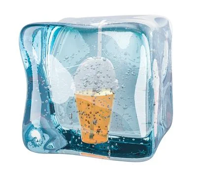 Plastic transparent disposable cup with drink frozen in ice cube, 3D renderin Stock Illustration