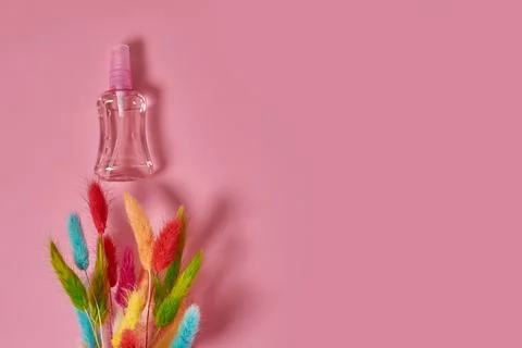 A plastic transparent perfume bottle and a bouquet of dried lagurus flowers Stock Photos
