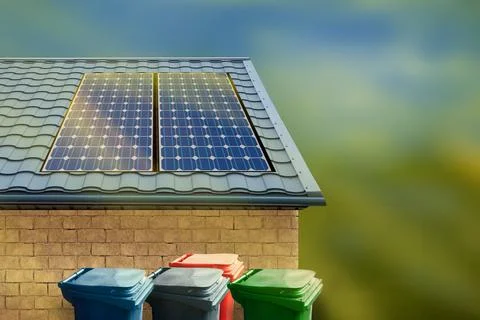 Plastic trash can for separate garbage collection And Solar panels, photovolt Stock Illustration