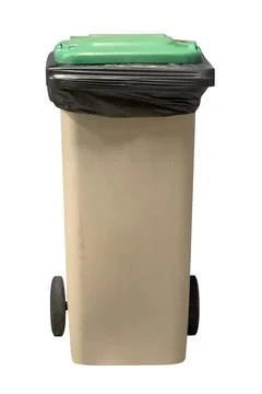 Plastic trash container with wheels isolated on white background Stock Photos