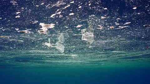 Plastic trash floating of polluted water reflecting on its surface, Slow motion Stock Footage 246357741
